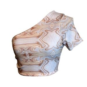 NWT Boohoo‎ Womens Marble One Shoulder Y2K Rave Boho Edgy Crop Top Cream Small